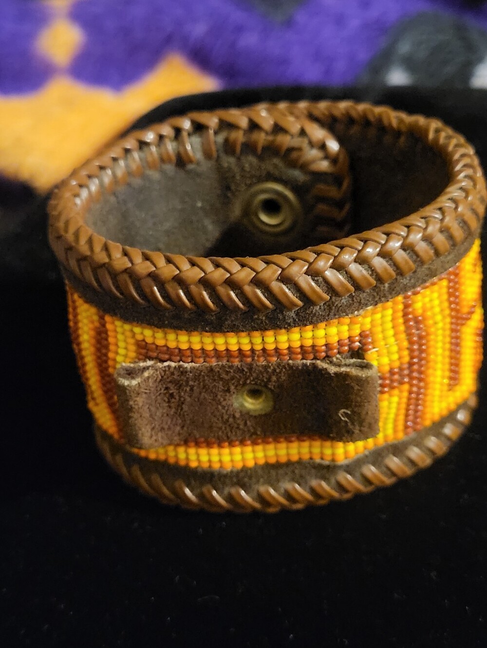 Vintage 1970s Western Beaded Leather Cuff Bracelet Geometric Snap Braided